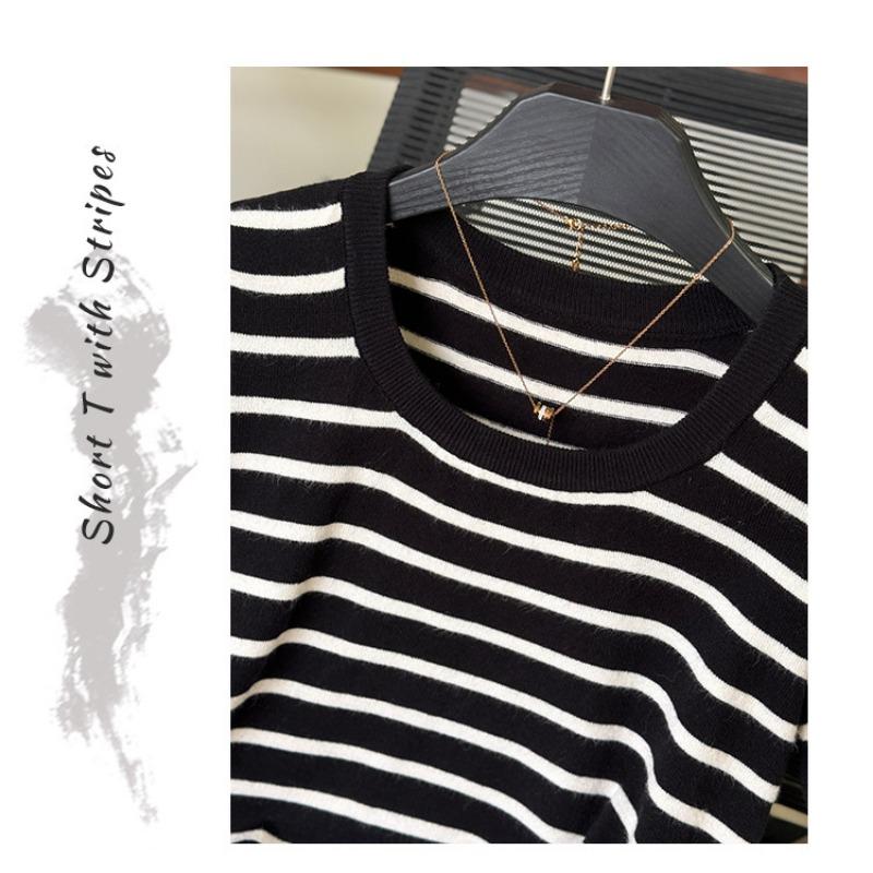 Striped Short-sleeved Large-sized T-shirtSquare-neck Knitted Base Shirt Summer Short Fitted Top