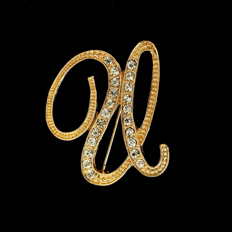 [HS]1Pc Fashion Rhinestone 26 English Letters Pin Golden Color Brooch Women Personality Clothing Accessory Trendy Gift
