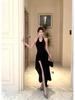 Women's Black Floral Backless Halter Maxi Dress - Slim Fit & Waist-Cinching, Figure-Flattering Bodycon Design with Summer Slit.