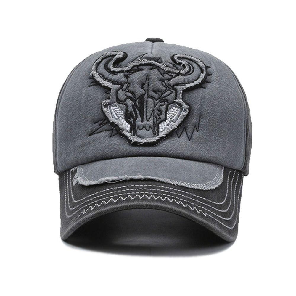 Washed Cotton Bull Head Embroidered Baseball Cap Hip Hop Adjustable Sun Hat Sunscreen Distressed Peaked Cap For Man Women Unisex