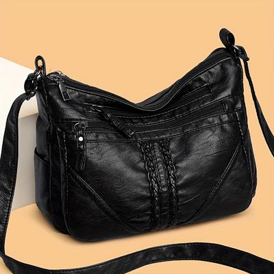 Stylish Braided-Design Crossbody Bag Women's Leather Handbag Practical Black Women's Shoulder Bag