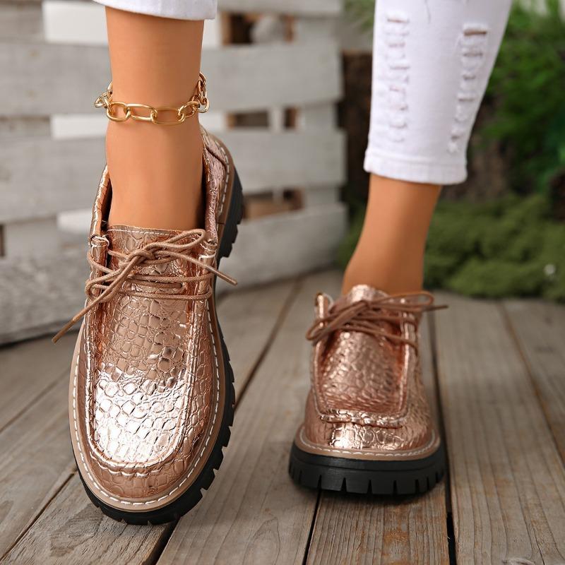 Women's Wide Width British Style Leather Shoes, Round Toe Lace-Up Oxfords, Classic Casual Loafers In Stock