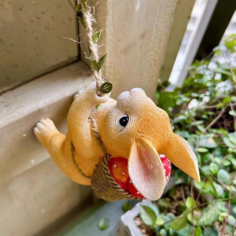Little Rabbit Climbing Vine Hanging Ornament - Small Animal Figurine for Home, Courtyard, or Tree Pot Decor
