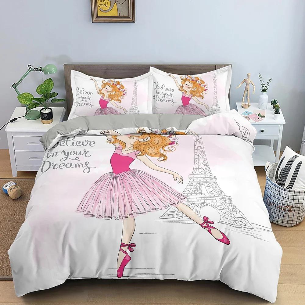 Dancing Girl Duvet Cover Ballet Girls Bedding Set Home Textile Bedclothes Soft Girly Comforter Cover Queen/King Size for Kids