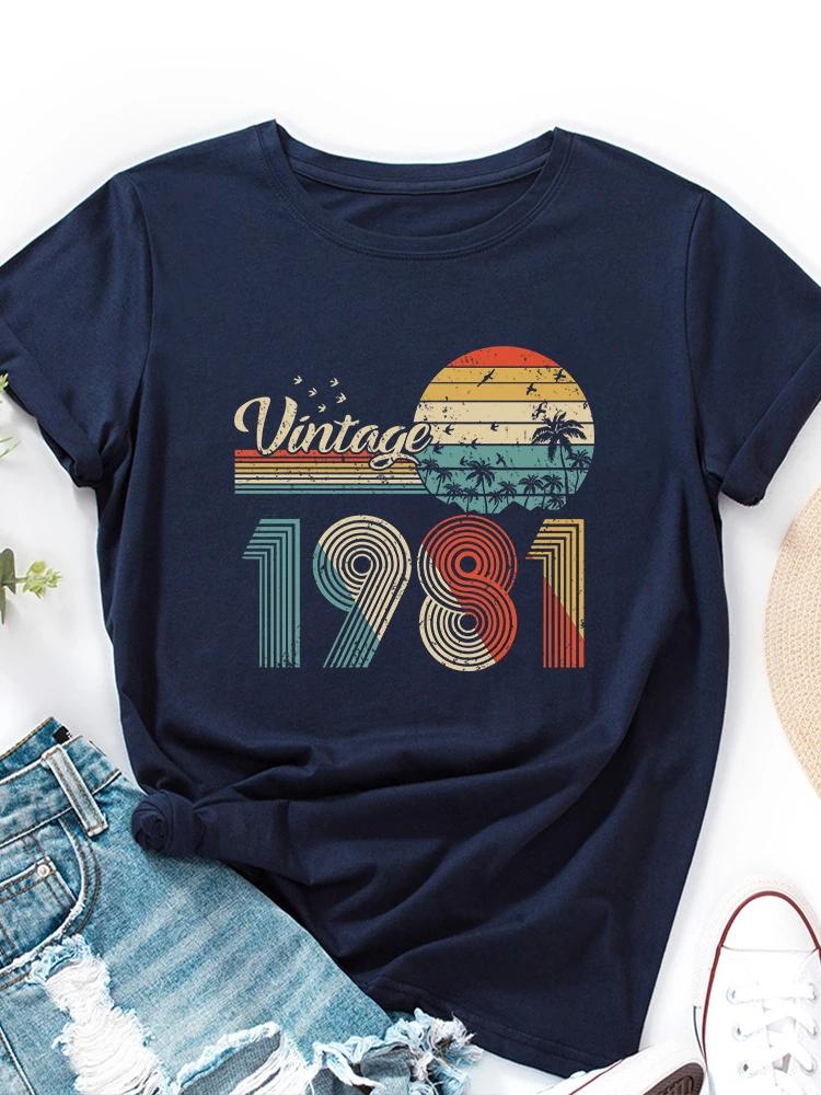Vintage 1981 Nadruk Damska Koszulka Krótki Rękaw Okrągły Dekolt Luźna Damska Koszulka Damskie Koszulki Topy Ubrania Camisetas Mujer
