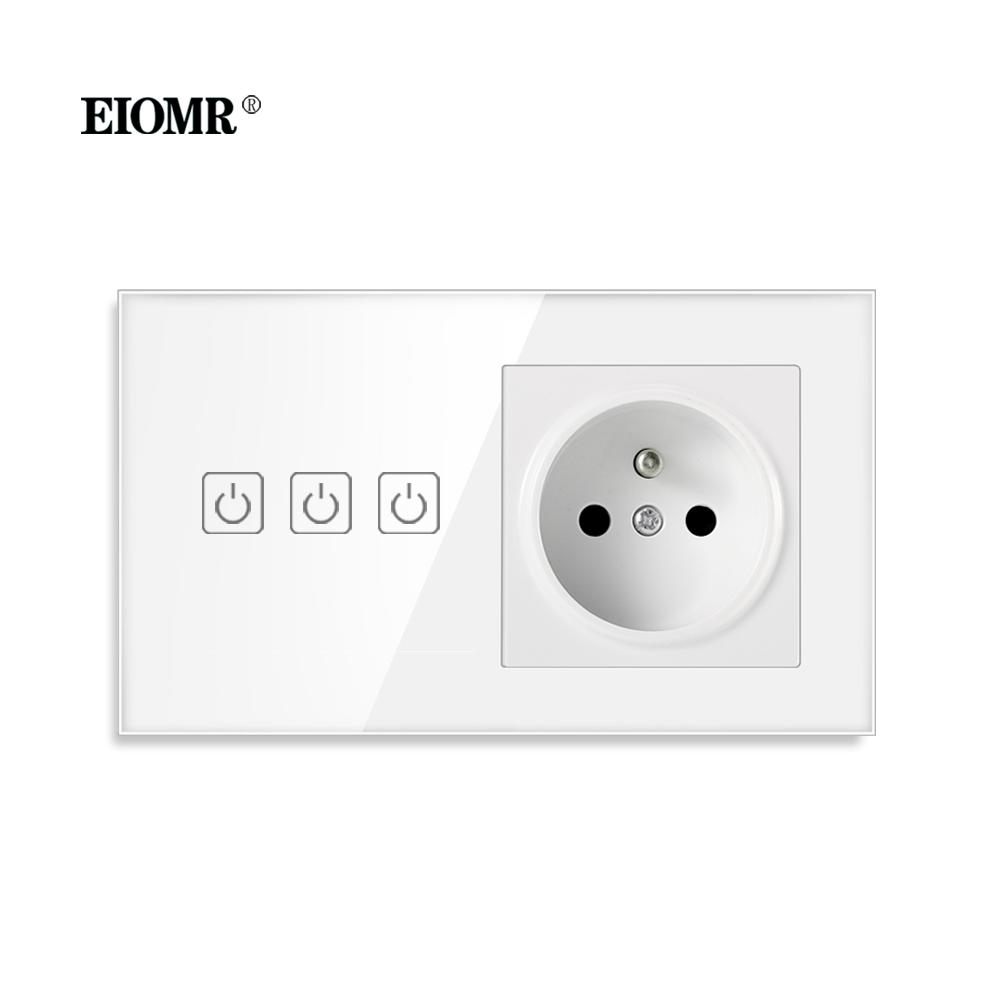 EIOMR France Touch Sensor Switch with Socket Crystal Glass Panel 110~250V 16A Wall Socket with Light Switch Home Improvement