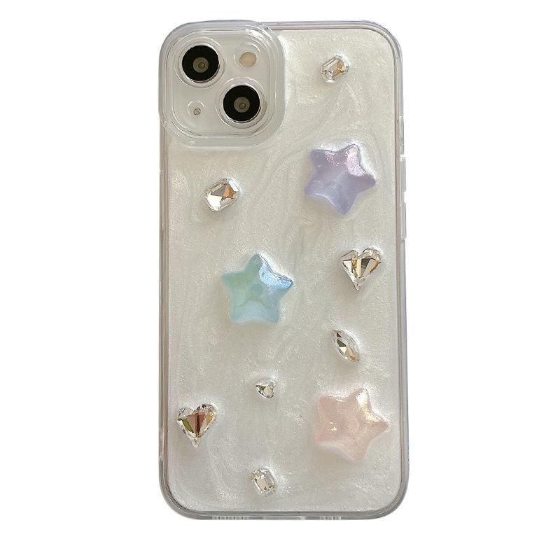 Small Fresh Ins Style Mobile Phone Case for Apple 17Pro Colorful Five-Pointed Star for IPhone16 Rhinestone Gemstone Precision Hole