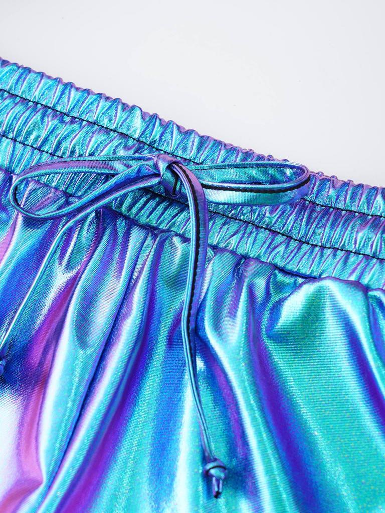 Meisjes Metallic Korte Broek Trekkoord Elastische Tailleband Glanzende Hotpants Dans Bodems Zakken Sportkorte Broek