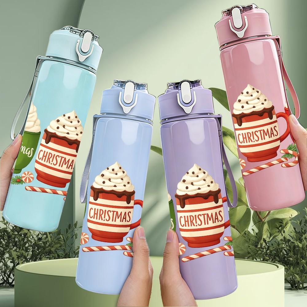 1PC Christmas Hot Cocoa Mug Group 750ml Color Plastic Sports Water Bottle Leakproof Flip Straw Lid Suitable for Sports Office Home Use