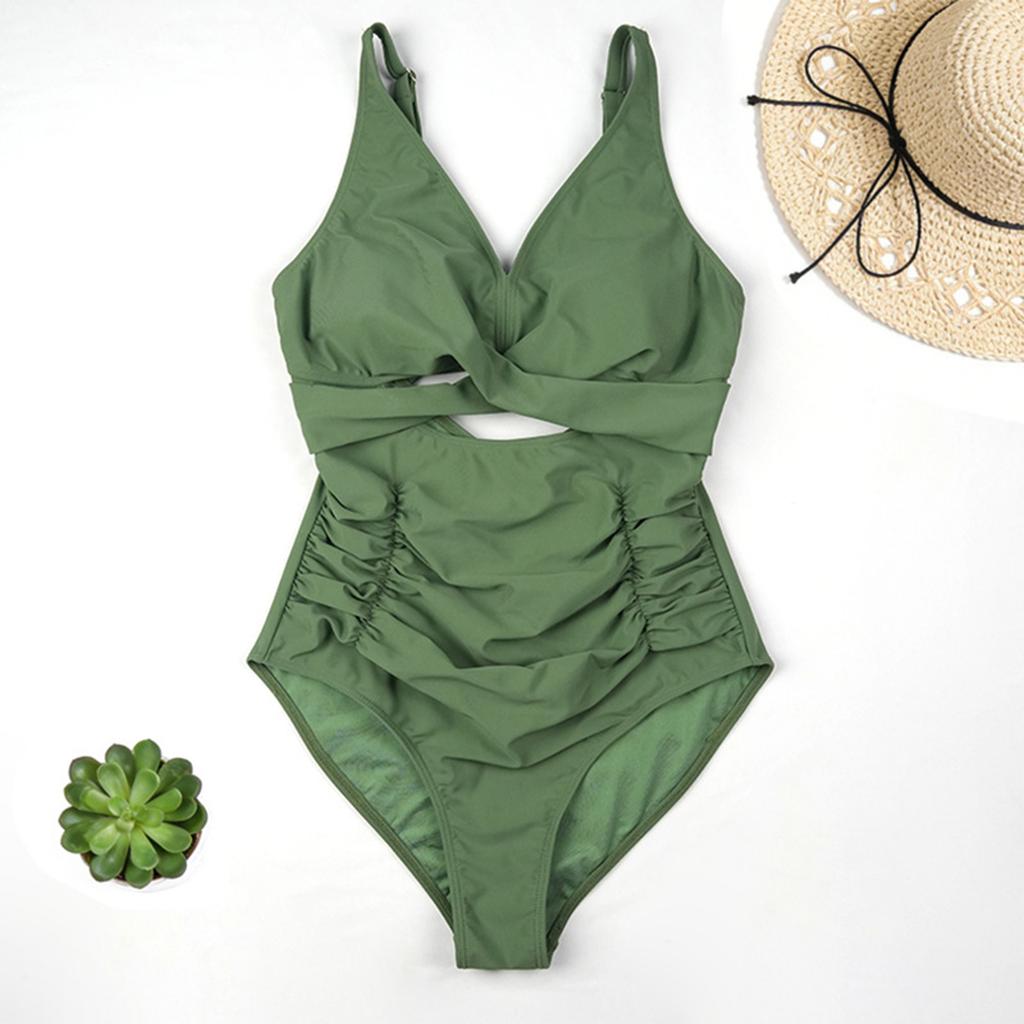Swimsuit for Women Cross Front Cutout Design Ruched Tummy Control Bathing Suit Wide Shoulder Straps Swimwear