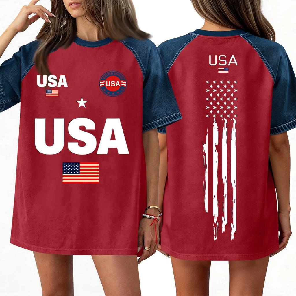 Women's Denim Patchwork Top, Casual Short-sleeved Comfortable T-shirt, Fashionable For Spring And Summer.