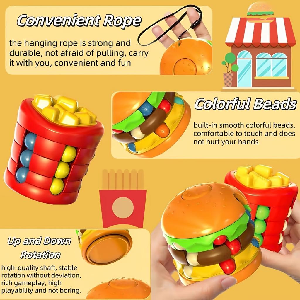 1pc Burger & Fries 360° Rotating Decompression Toy - Colorful Fast Food Shapes, Boosts Logical Thinking, Relax Puzzle for Youngsters & Adults
