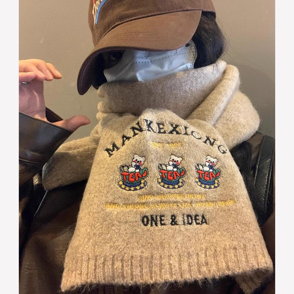 Süßer Bär Bestickter Wollschal für Damen Winter Hochwertig Japanisch All-Match Warm Gestrickter Wollschal für Studenten