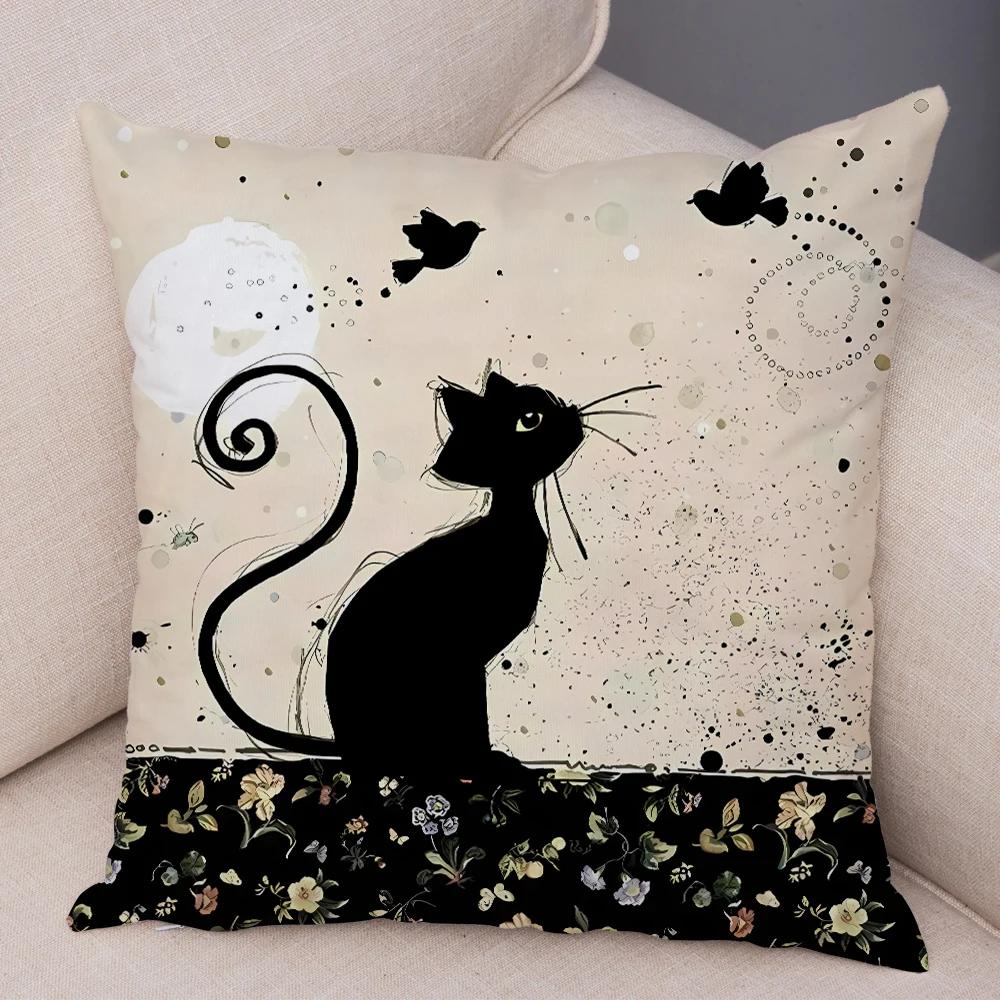 Double Print Cute Elegant Black Cat Cushion Cover Decor Cartoon Animal Pillow Case for Sofa Home Car Soft Plush Throw Pillowcase