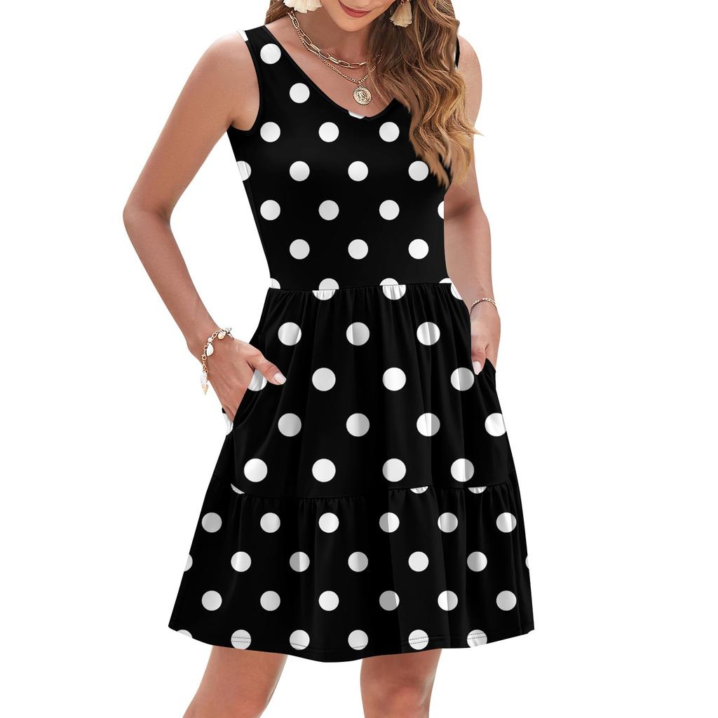 Women's Summer Fashion Casual V-neck Fold Splicing Polka Dot, Color Block Splicing Print Sleeveless Pocket Vest Dress