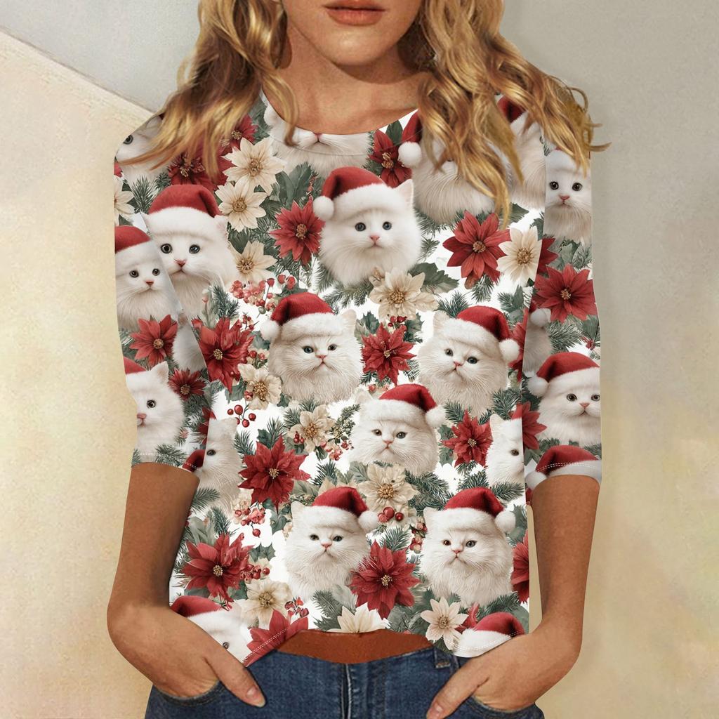 Dámské módní a ležérní top s tříčtvrtečním rukávem a vánočním potiskem s kulatým výstřihem