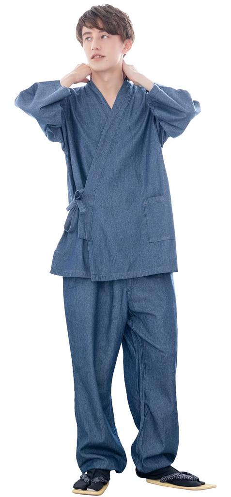 KYOETSU Men's Washable Denim Samue (Work Clothes), Solid Color, 100% Cotton, Year-Round, Light Blue (Size L)