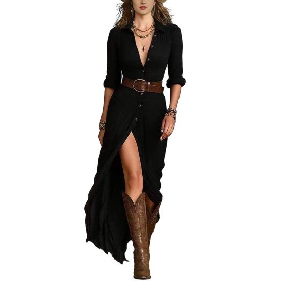 Women s Boho Maxi Dress with Belt Button Down Deep V Neck Flowy Long Dress Vintage Long Sleeve High Slit Western Cowgirl Shirt S