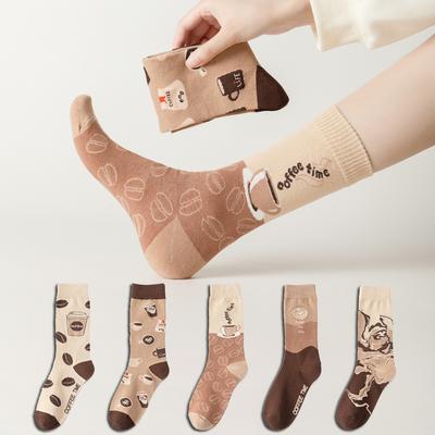 5 Paar Damen Trend Socken Modisches Kaffee Muster Vielseitig Amerikanisch Retro Lässig Baumwolle Mann Frau Paare Lange Socken