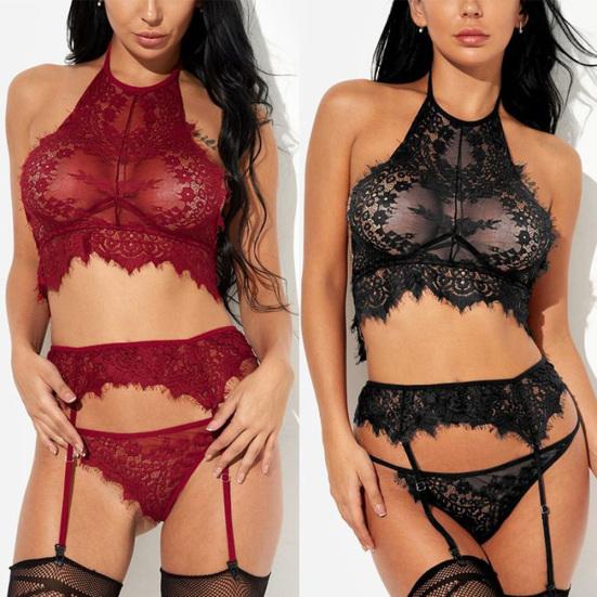 3Pcs Sexy Women See Through Floral Lace Babydoll Bra Briefs Garter Underwear Set