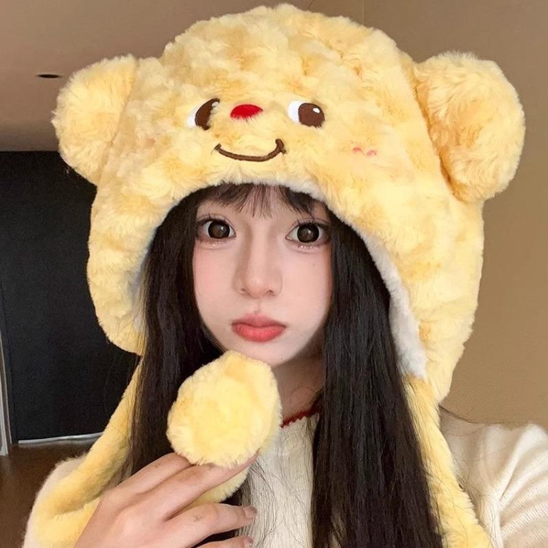 Butter Bear Plush Hat Women's Autumn and Winter Outdoor Cold Protection and Warm Ear Protection Cute Cartoon Knitted Hat