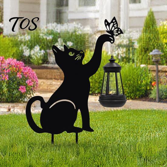 Retro Style Courtyard Decor Black Cat Solar Lantern, Garden Stake Light, Waterproof Gnome Frog Metal Yard Art Statue, Outdoor Lamp for Front