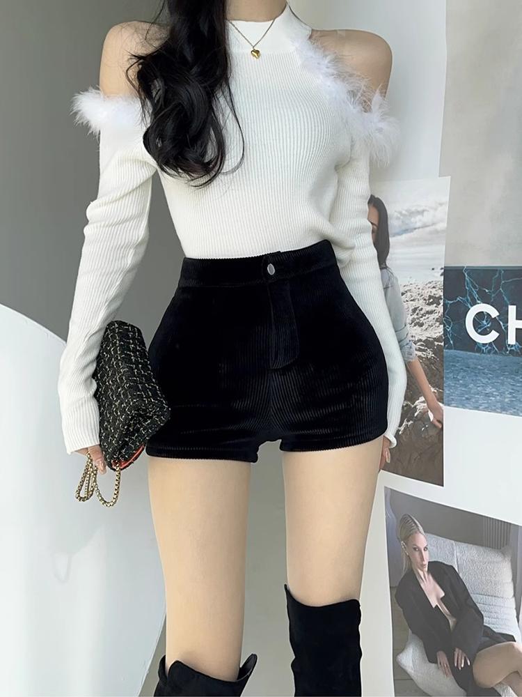 Svarte Shorts Dame Høst Vinter Høy Midje Mote Tettsittende Sexy Stretch Y2k Kordfløyel Kvinne Casual Bukser
