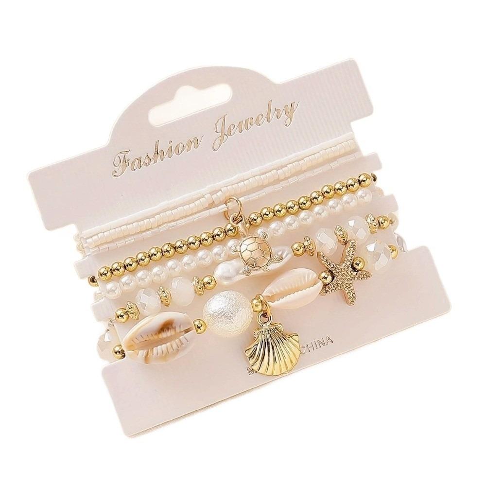 7pcs/Set Faux Pearl Layered Bracelets Starfish Charm Shell Charm Bracelets  Beach Holiday