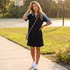 Women’s Casual Denim Patchwork Dress Short Sleeve Loose Fit T Shirt Dress with Pockets and Printed Design for Everyday Wear