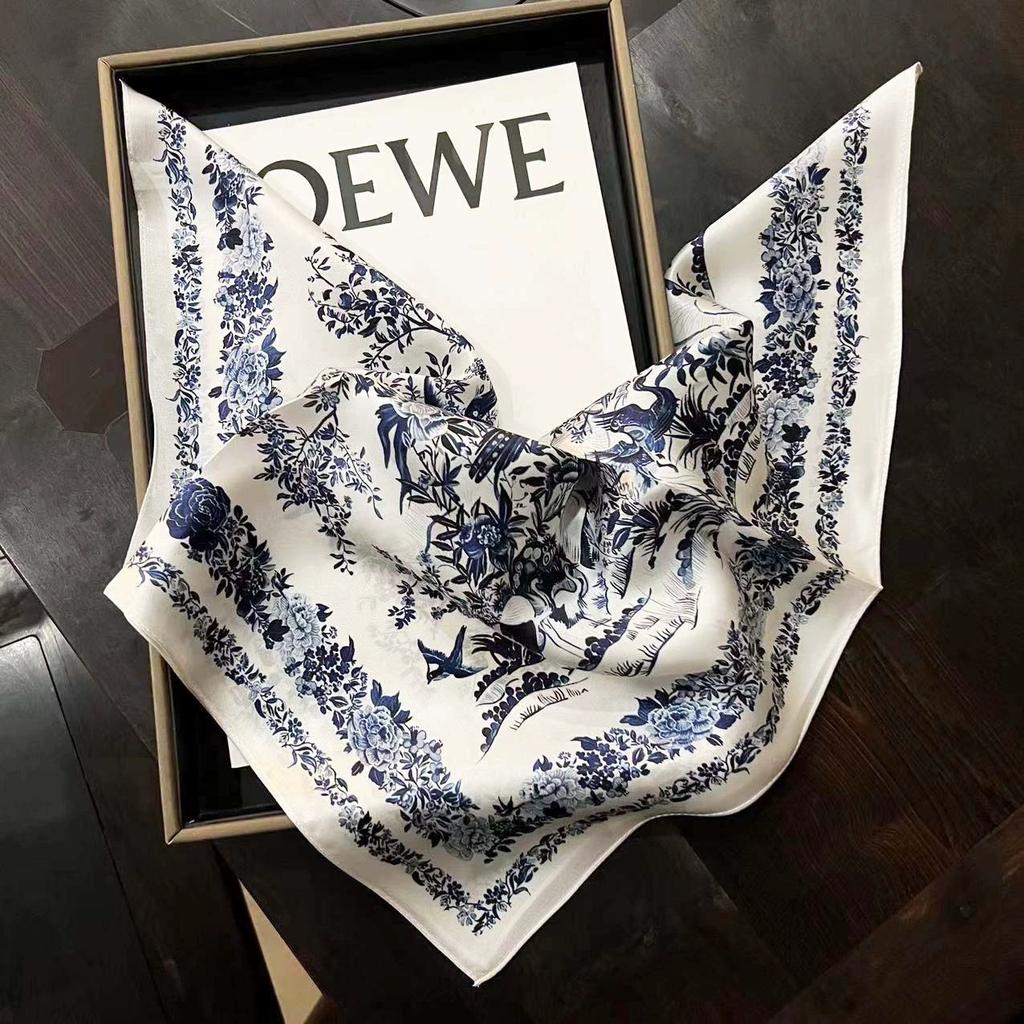 Retro Blue Square 100% Silk Scarf 53cm Floral Small Head Neck Hijab Women Kerchief High Quality Silk Bandana Scarves