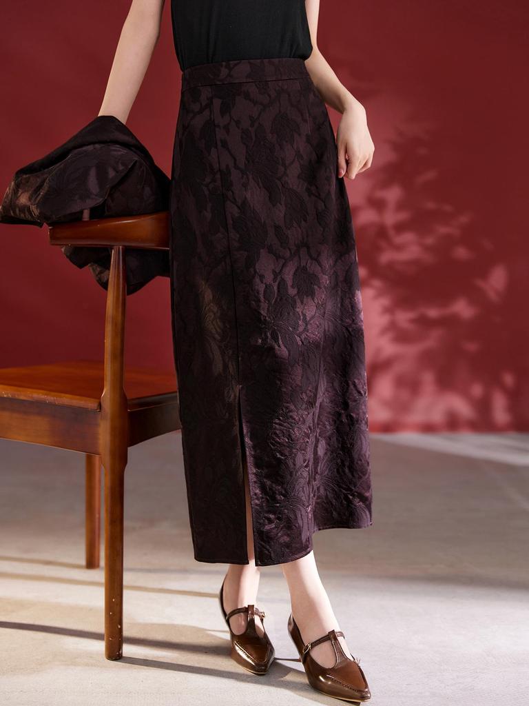 Autumn 2025 Women's Silk Jacquard Retro Slit Bodycon Midi Skirt