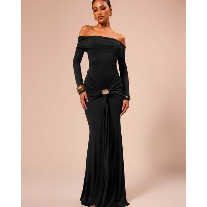 

Autumn Winter New Solid Sexy One-shoulder Long-sleeved Strappy Slim Hip Dress S чёрный