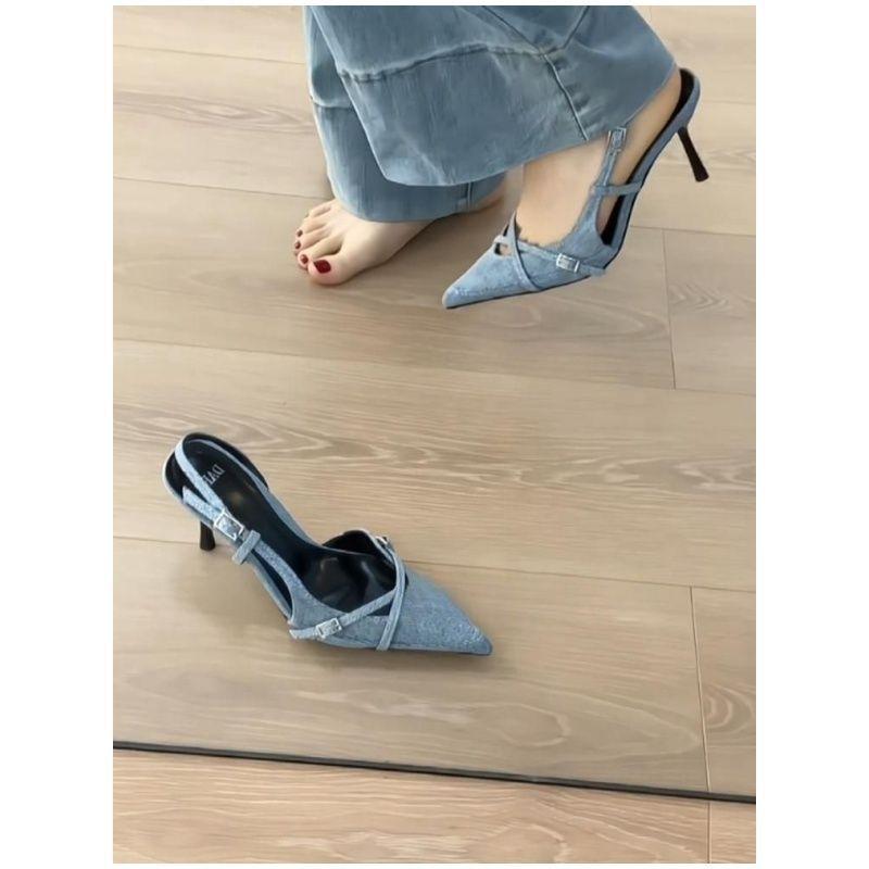 One-word buckle with bag head fashion women's sandals summer pointed thin heel denim high heels 2025 new niche temperament