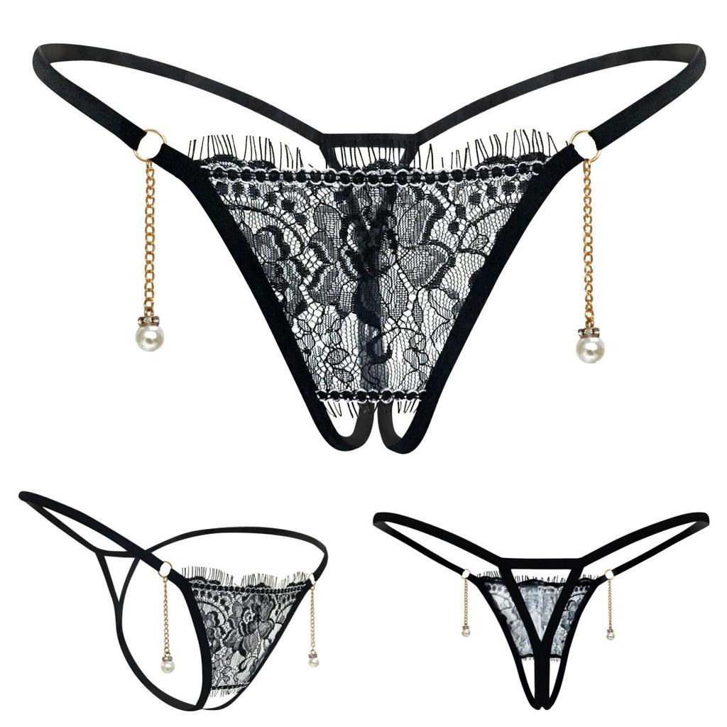 Perlový přívěsek Otevřená tanga Ženy Spodní prádlo Bezrozkrokové výšivky G String Tanga kalhotky Krajka Transparentní Sexy spodní prádlo
