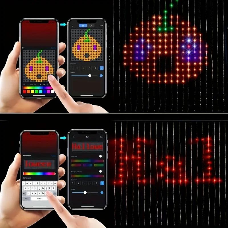 Smart Curtain Light 400 LED DIY Pattern Text APP Remote Control Halloween Christmas Store Bar Indoor Outdoor Party Decoration