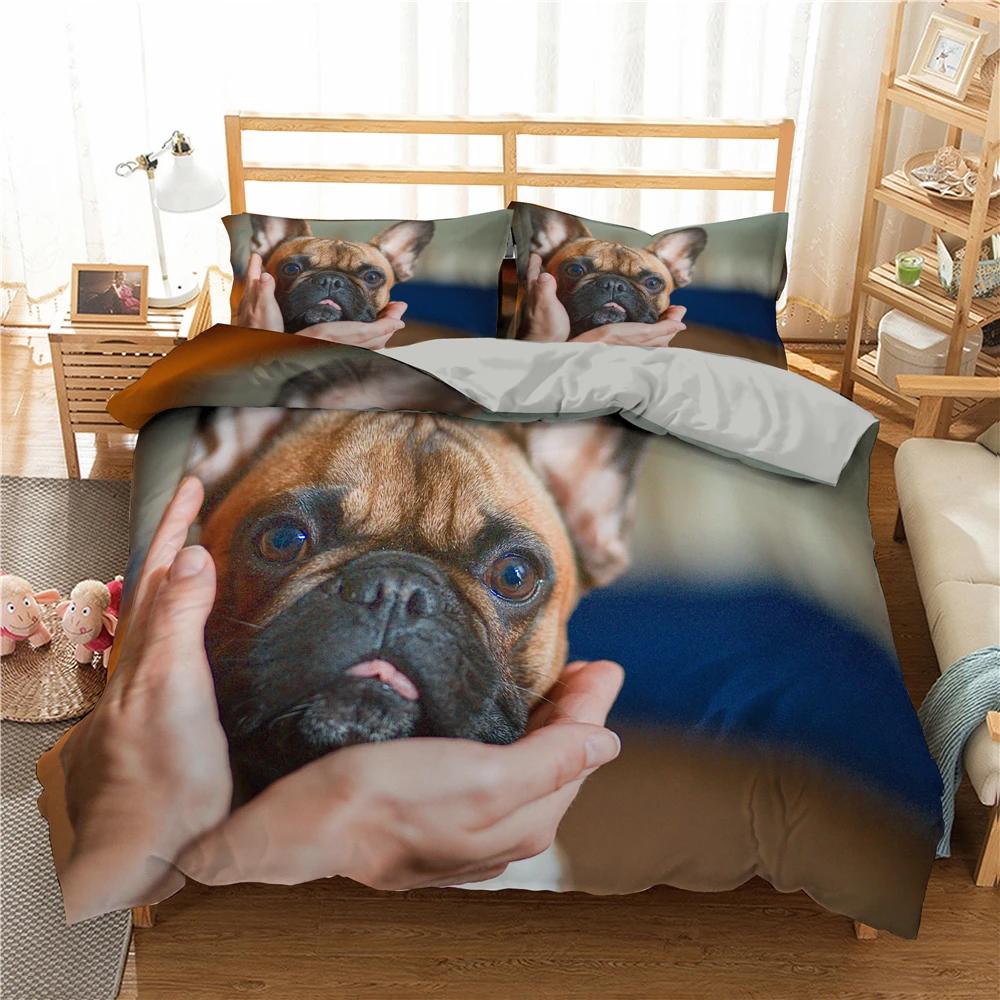 Bulldog Bettwäsche-Set Haustier Welpe Hund Bettbezug Cartoon Tierdruck Bettdeckenbezug King Queen 2/3-teilig Polyester Steppdeckenbezug