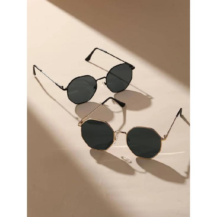 2 Pcs Metal Geometric&Round Frame Fashion Classical Sunglasses For Vacation Decors Photo Props
