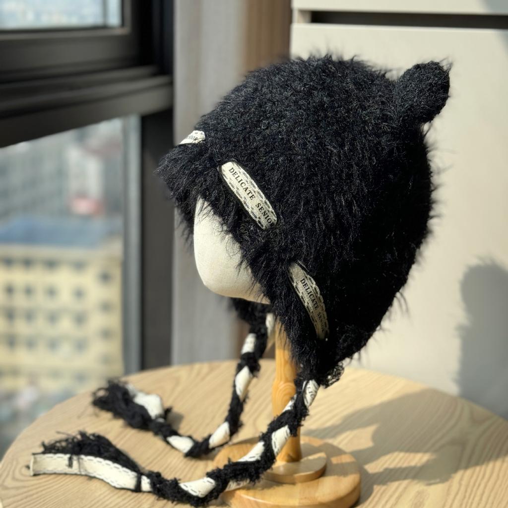 New Cute Bear Ear Plush Hat Women's Autumn and Winter Thickened Warm Ear Protective Hat Cute Face Revealing Small Knitted Hat