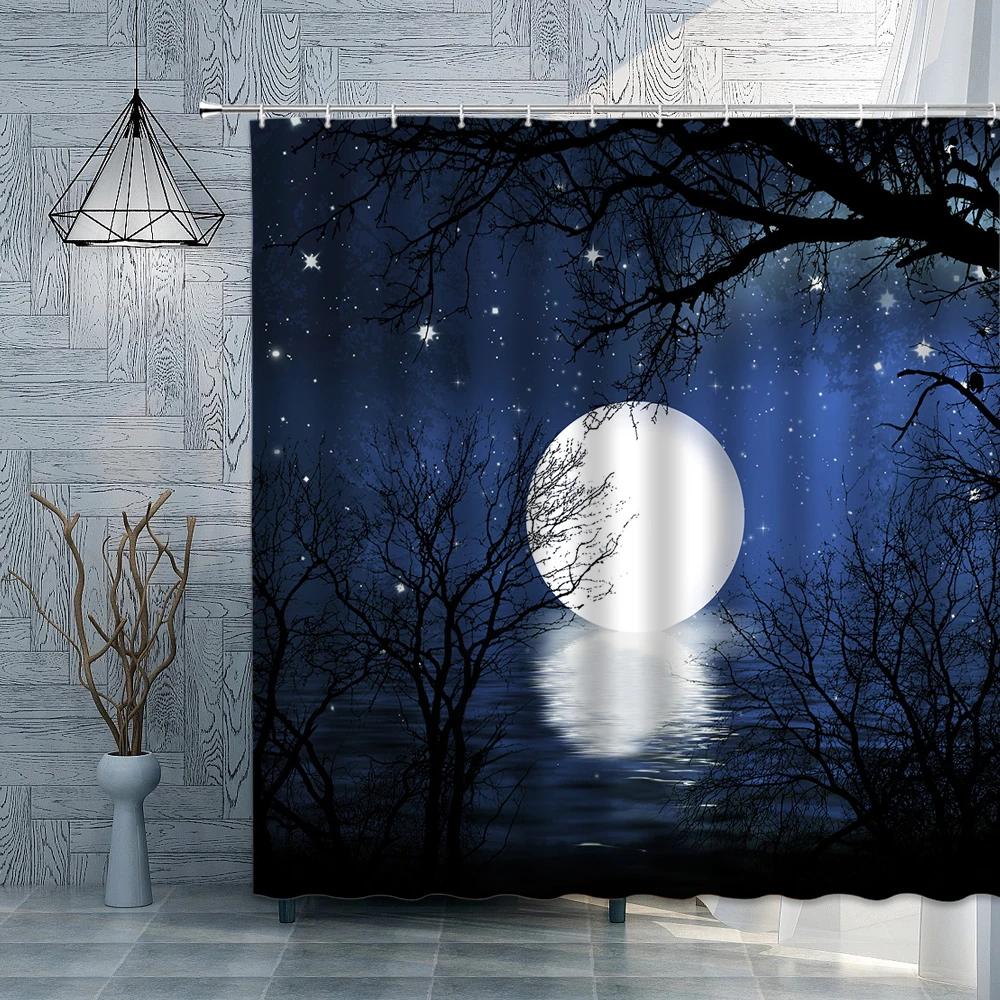 Tree Under Teal Full Moon Shower Curtain Black and Blue Foggy Forest Nature Night Sky Landscape Bath Curtain for Bathroom Decor