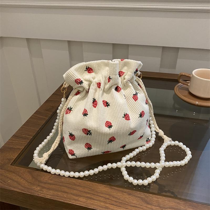 Sweet and Cute Strawberry Printed Bucket Bag Beaded Shoulder Strap Corduroy Exquisite Foreign Versatile Single Shoulder Messenger Women's Bag