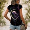 Women Plus Size V Neck Wide Short Sleeve Skull Moon Printed Black T Shirt