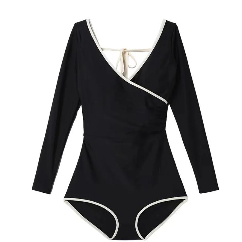 Long Sleeved Sun Protection Black V Neck One Piece Swimsuit Soaking Springs Korean Ins Backless Sexy Simple Covering Flesh