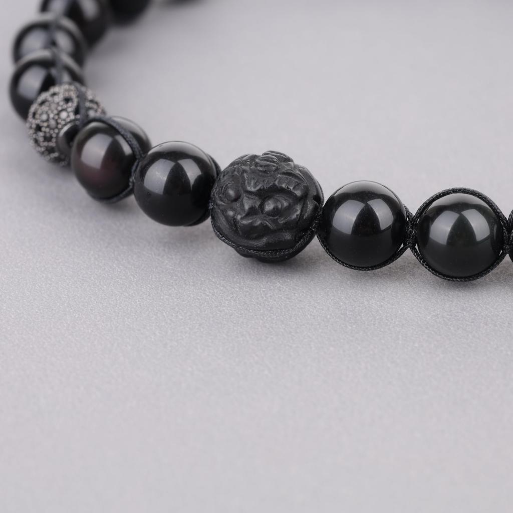 Koai Pixiu Carved Obsidian CZ Diamond Power Stone Bracelet for Good Luck and Adjustable Prayer Beads Evil, Length, Men's