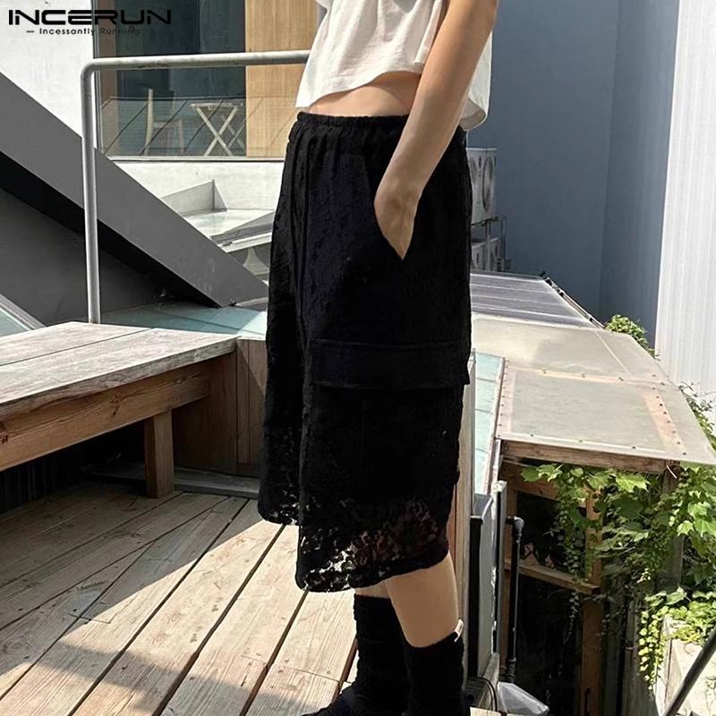 INCERUN Męskie elastyczne w pasie koronkowe ażurowe prześwitujące bez podszewki zakrywające krótkie szerokie spodnie