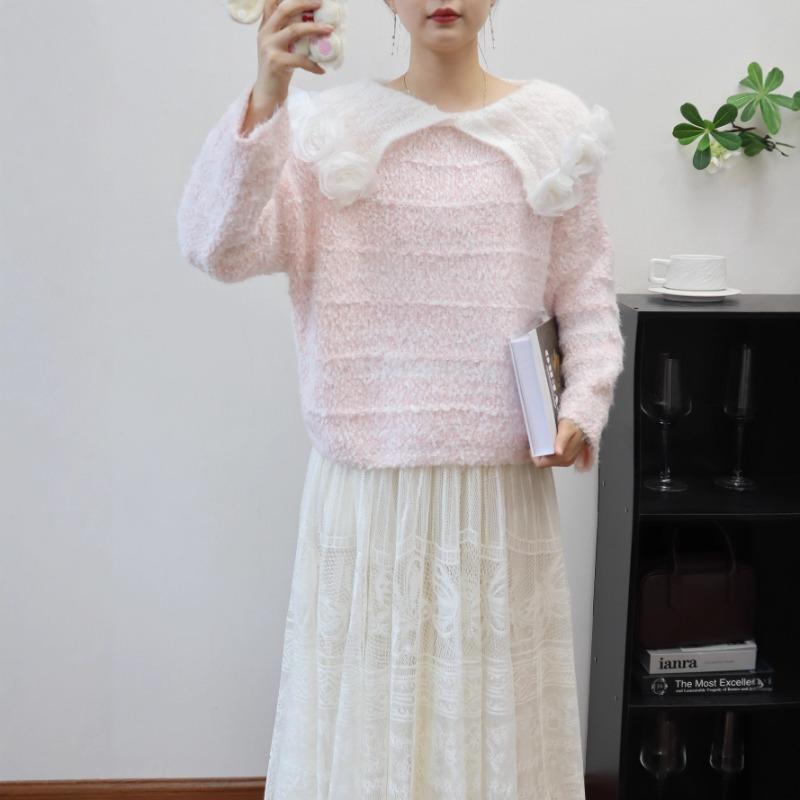 Autumn and Winter New Doll Collar Three-dimensional Flower Knitted Sweater Top Soft Waxy Loose Gentle Wind Sweater Pullover Woman