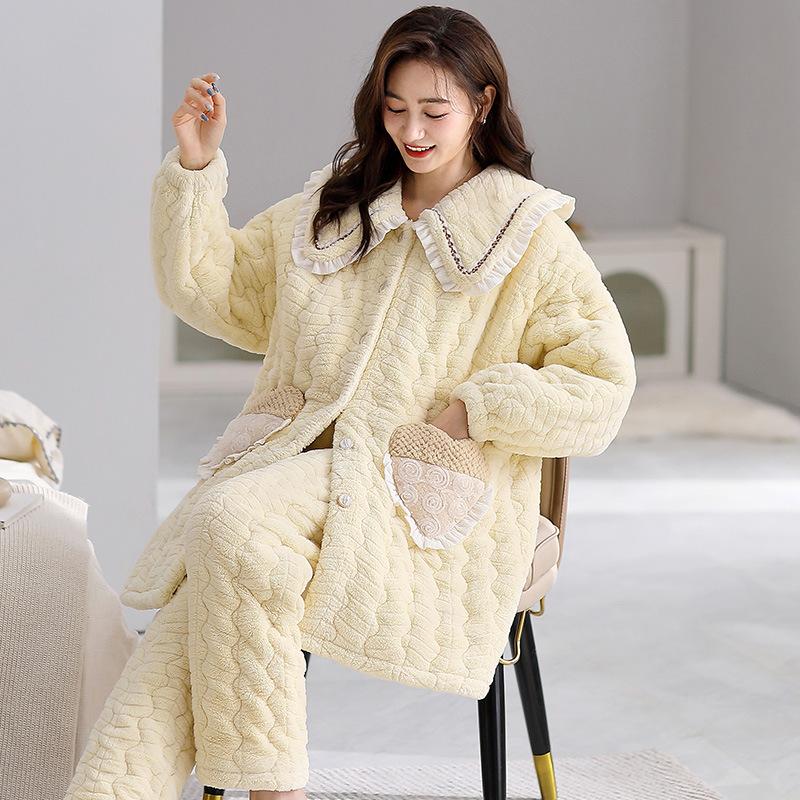 Winter medium and long coral fleece three-layer padded jacket pajamas women's fleece thickened long large lapel loungewear set