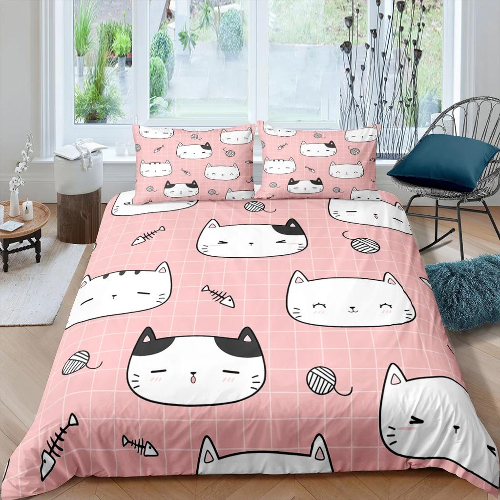 Sevimli Evcil Kediler Yatak Takımı Karikatür Yavru Kedi Baskılı Yorgan Kılıfı Yastık Kılıfı Kız İkiz Tam King Çift Kişilik Polyester Yorgan Kılıfı