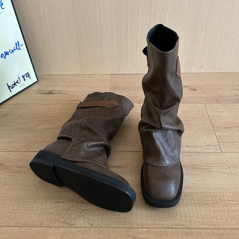 2025 Autumn New Niche Retro Square Heel Medium and High Boots Western Cowboy Pile Boots Martin Boots Martin Boots Women