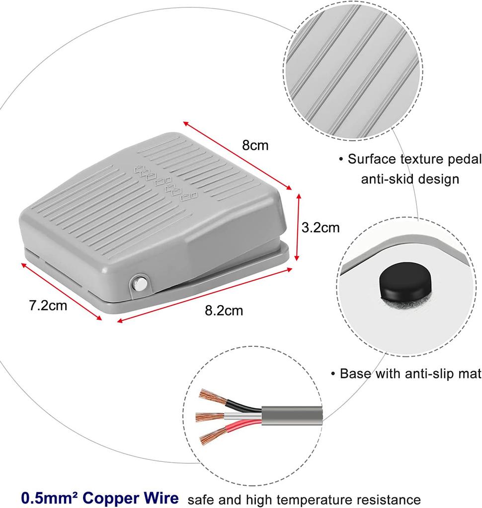 Kiligen 2-Piece Momentary Foot Switch, AC 12V/24V/110V/250V, 5A SPDT NO NC Anti-Slip Plastic Foot Pedal Switch (Cable Length: 1m)