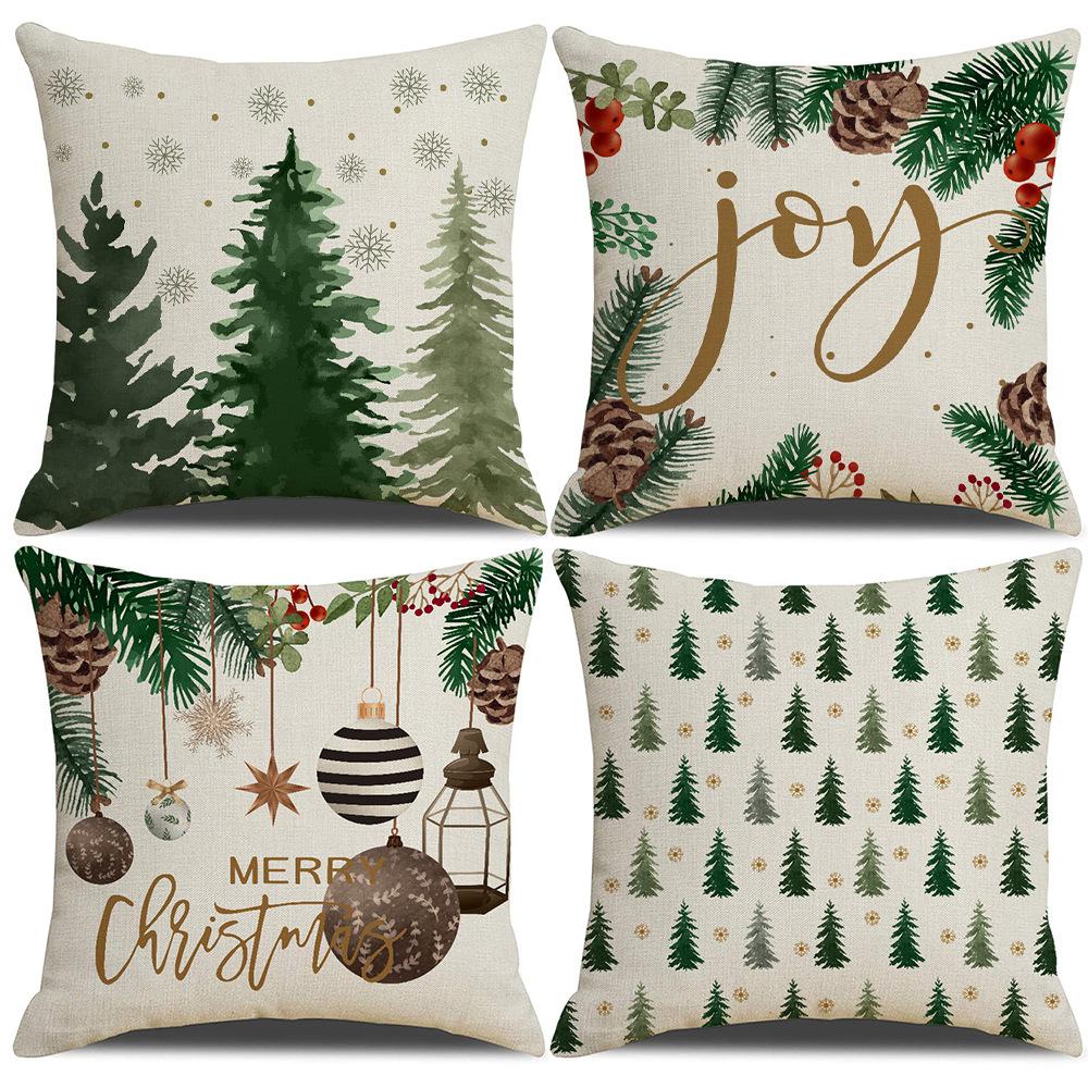 Green Christmas Tree Linen Pillowcase Joy New Year Holiday Cushion Sofa Pillowcase